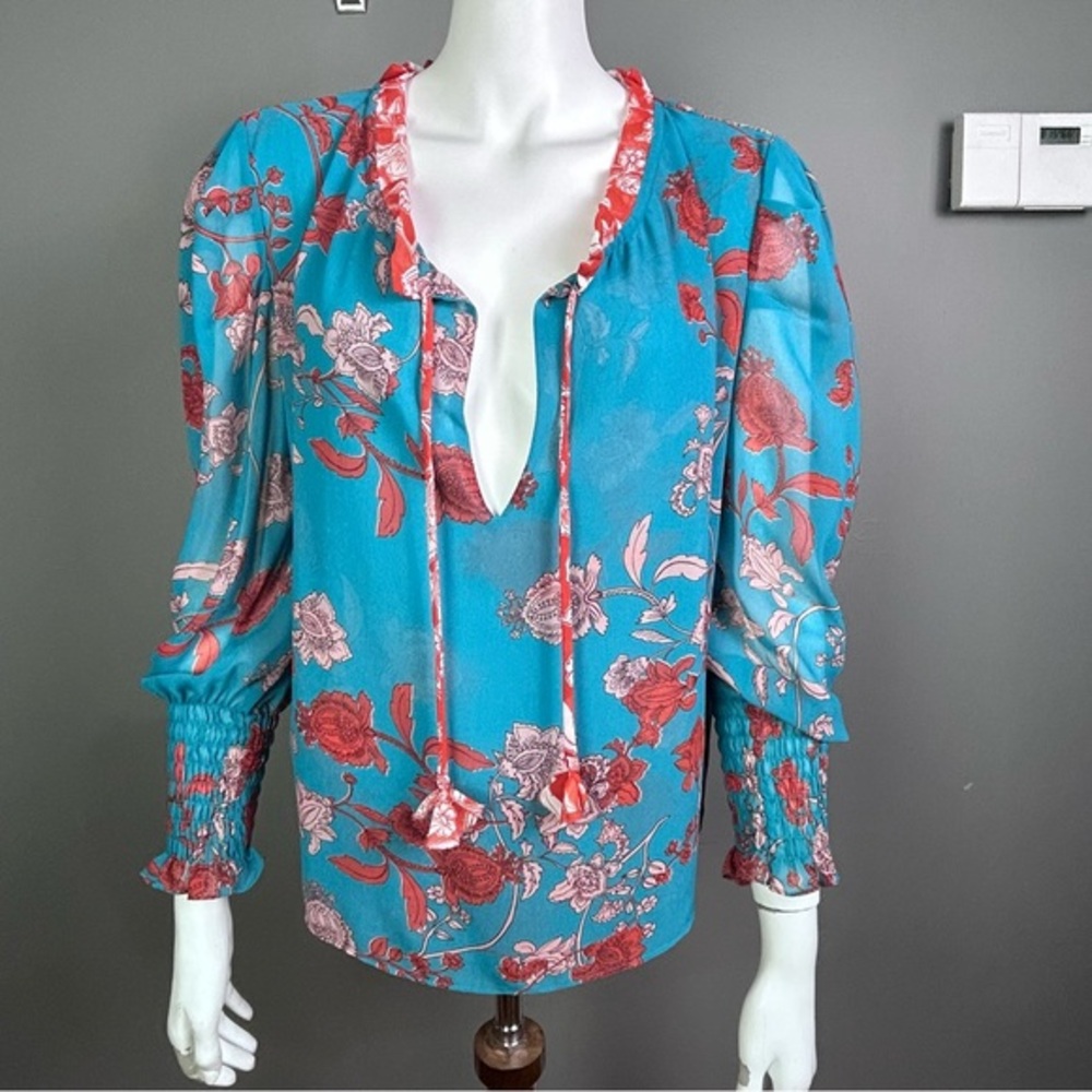 MISA Revolve Top Medium Siena turquoise floral tassel puff sleeve boho elongated
